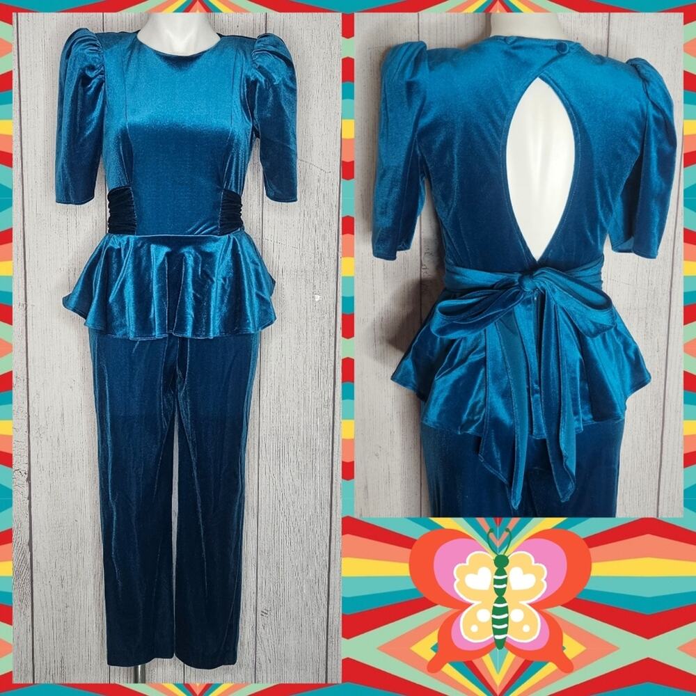 VTG 80s Teal Velvet Peplum Waist Jumpsuit with Open Back, size 5